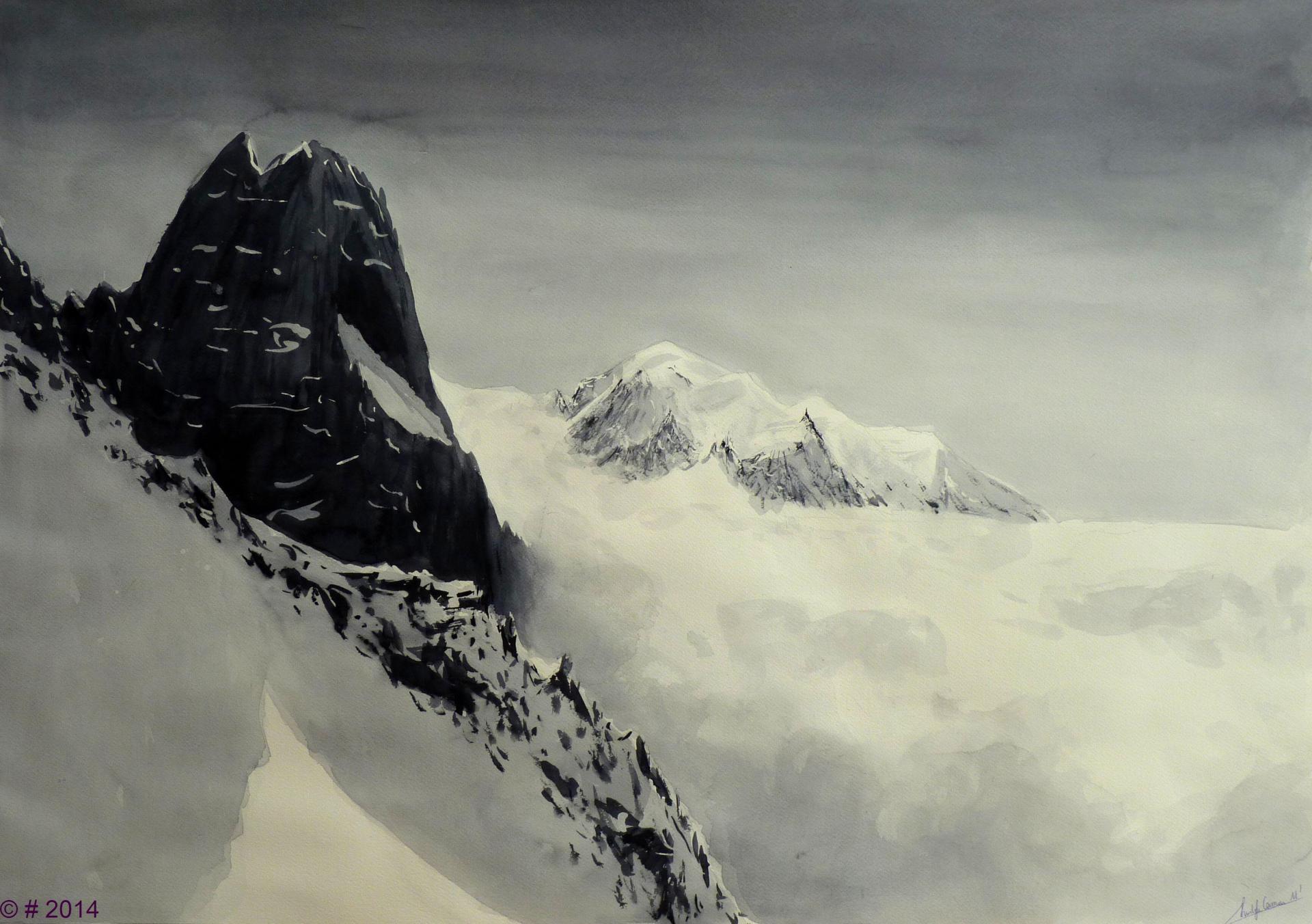 L'Aiguille des Drus (3754m), et le Mont Blanc (4810m)